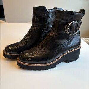 Black Crinkled Patent Leather Ankle Boots